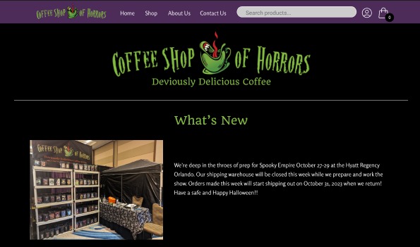 screenshot of coffee shop of horrors website redesign